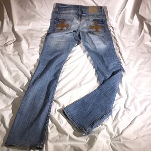 REUSE Women’s Medium Wash Slim Boot Cut Distressed Denim Embroidered Pocket Jean